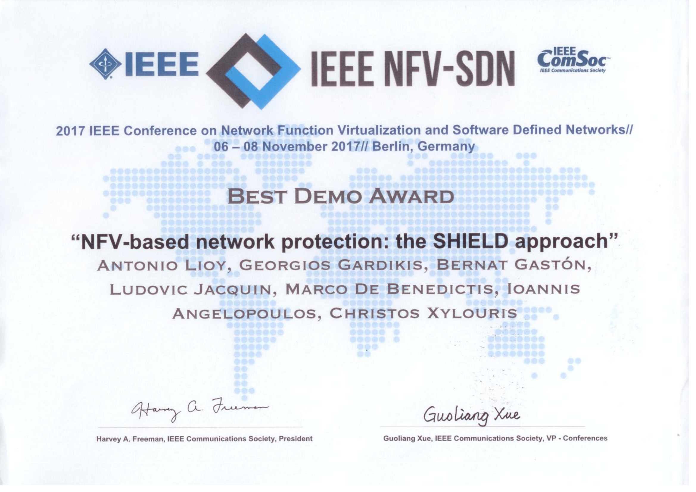 SHIELD best demo award at IEEE NFV-SDN 2017
